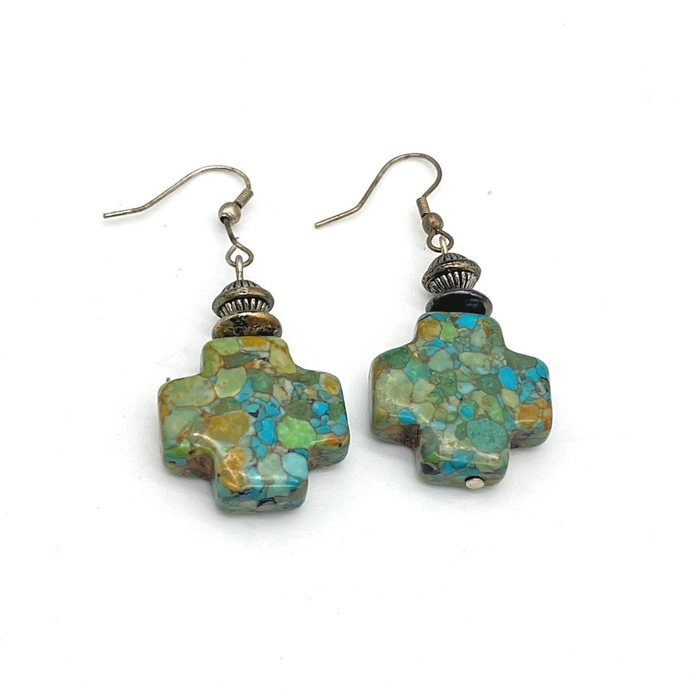 Artisan Mosaic Stone Cross Drop Earrings‎ Turquoise Green Southwestern Boho